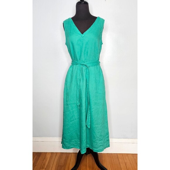 NICOLE MILLER 100% Linen Dress 6 Kelly Green Pockets V Neck Sleeveless Belted - Picture 1 of 8